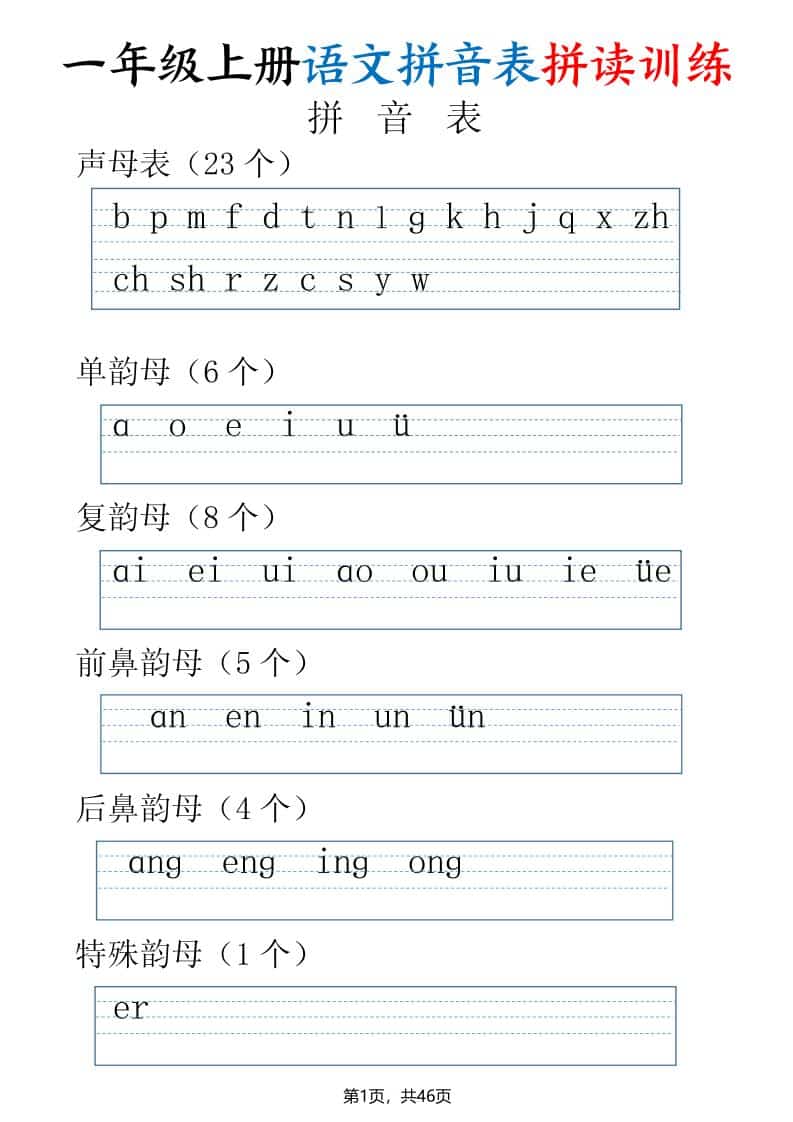 一年级上语文拼读表拼读训练（全46页）-全网第一网赚项目资源库-中赚网 & 中创网 & 冒泡网 & 福缘网 - 小本轻创业与优质加盟项目首选平台
