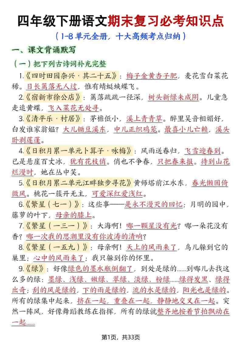 四年级下语文期末复习必考知识点（十大高频考点归纳）-全网第一网赚项目资源库-中赚网 & 中创网 & 冒泡网 & 福缘网 - 小本轻创业与优质加盟项目首选平台