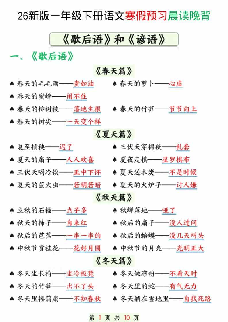 一年级下语文寒假预习晨读晚背（歇后语和谚语）-全网第一网赚项目资源库-中赚网 & 中创网 & 冒泡网 & 福缘网 - 小本轻创业与优质加盟项目首选平台