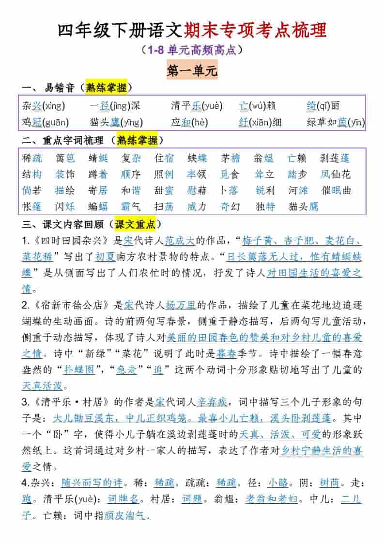 四年级下语文1-8单元专项考点梳理-全网第一网赚项目资源库-中赚网 & 中创网 & 冒泡网 & 福缘网 - 小本轻创业与优质加盟项目首选平台