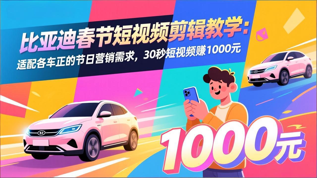 比亚迪春节短视频剪辑教学：适配各车企的节日营销需求，30秒短视频赚1000元-全网第一网赚项目资源库-中赚网 & 中创网 & 冒泡网 & 福缘网 - 小本轻创业与优质加盟项目首选平台