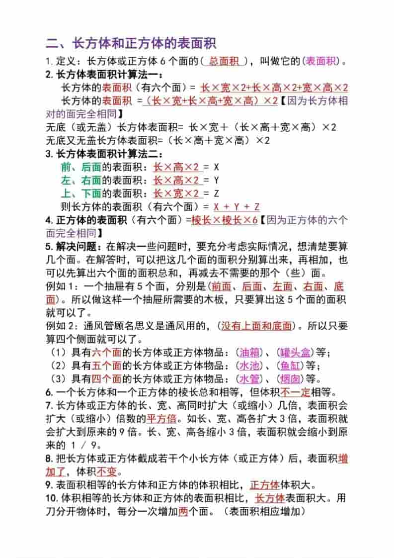 五年级下数学长方体与正方体必背知识点