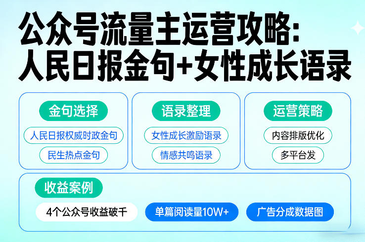 利用人民日报金句+女性成长语录做公众号流量主，4个公众号收益破千-全网第一网赚项目资源库-中赚网 & 中创网 & 冒泡网 & 福缘网 - 小本轻创业与优质加盟项目首选平台